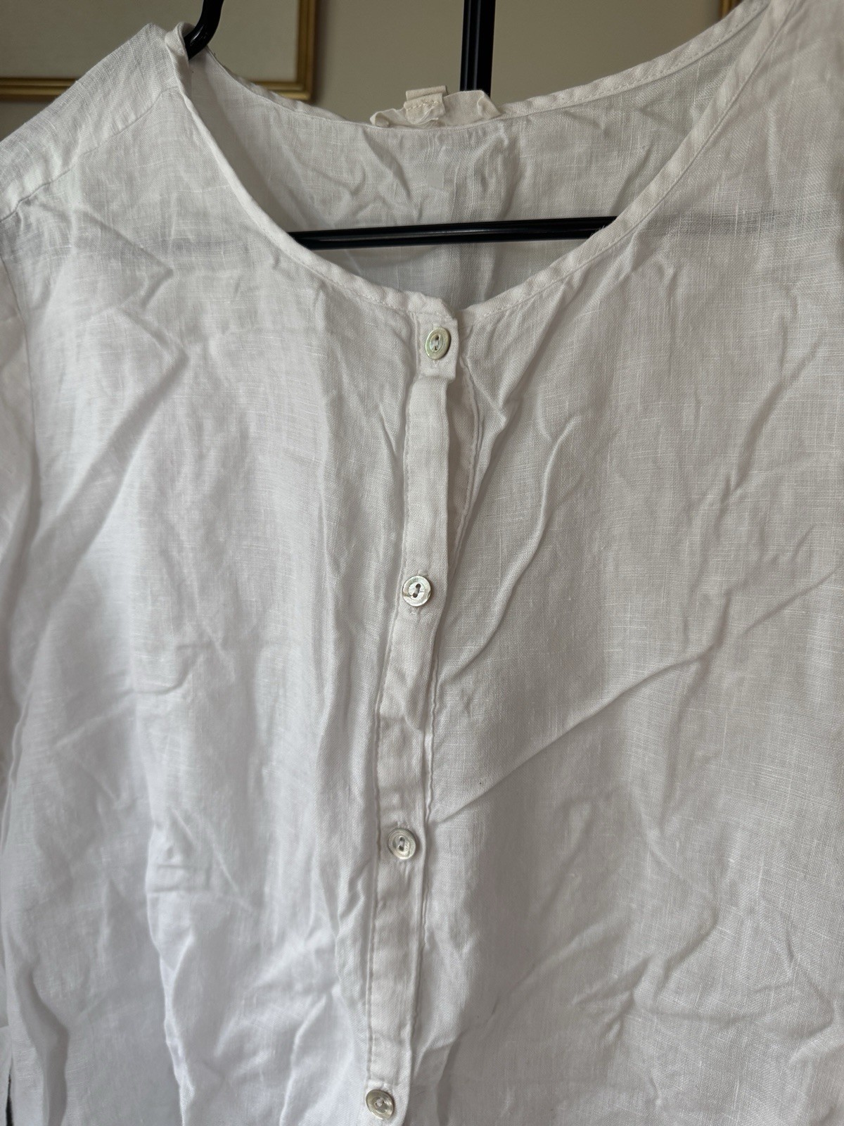 Eileen Fisher White Solid 100% Organic Linen Woven Button Front Blouse L/G
