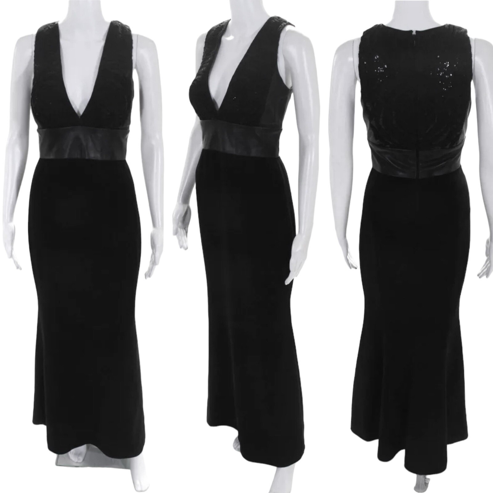 Carmen Marc Valvo Black Sequin Dress Gown Size 4 Leather Wool Blend Formal Party