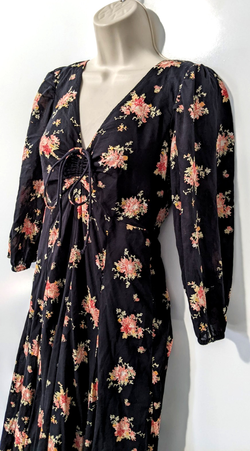 Free People Women’s Sea Glass Floral Maxi Dress Sz 2 Puff Sleeve Boho Tie Front