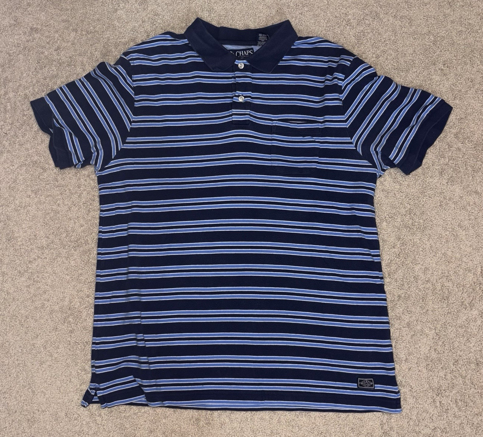 Vintage Chaps Men’s XL Navy/Blue/White Striped Cotton Polo Short Sleeve
