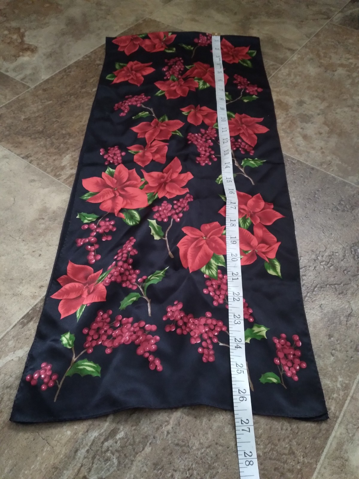 Vintage Floral Print Scarf Poinsettias Holly Berry Black Red 11 x 52