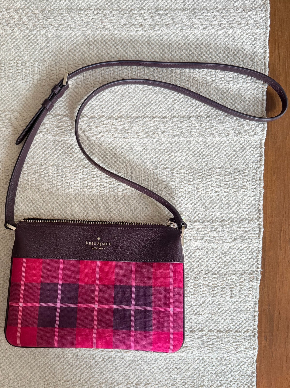 KATE SPADE Leila Plaid Triple Gusset Crossbody Bag Bright Rose Multi WKR00655
