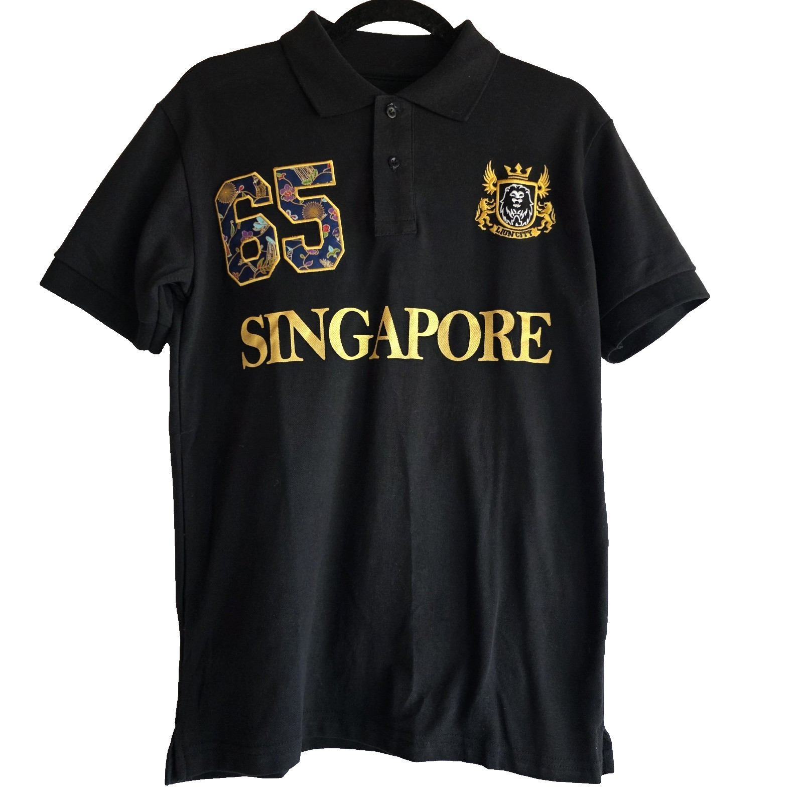 Guardian Angel Polo Men M Singapore 65 Lion City Embroidered Gold Print Black