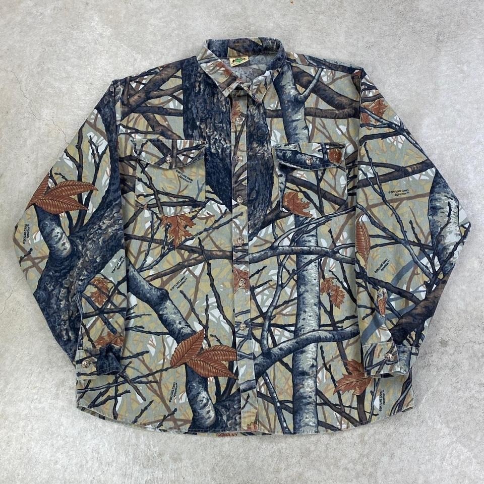 Vintage 80s Ideal Real Tree Camo Button Up Long Sleeve Shirt Size XL Brown