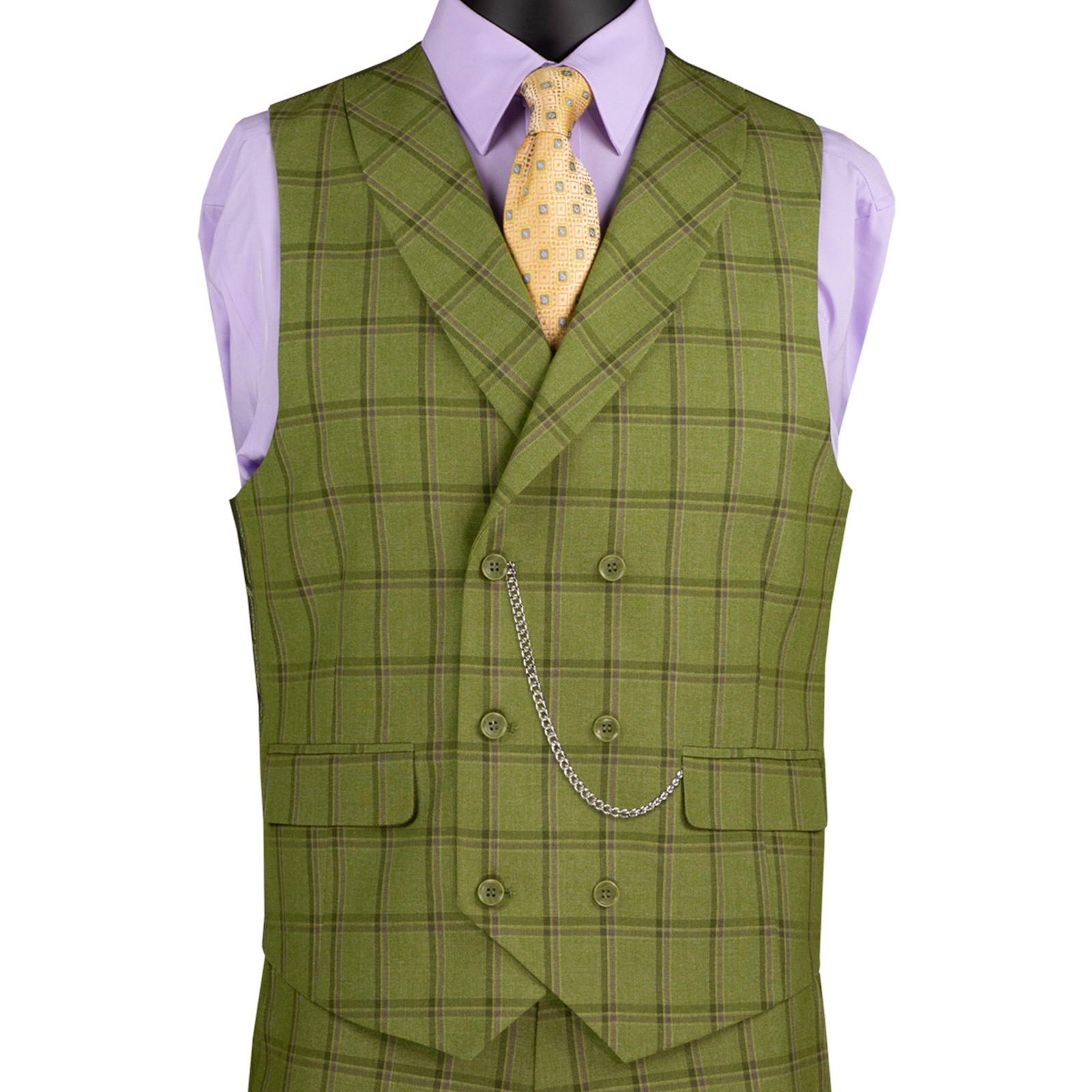 VINCI Men’s Moss Green Windowpane 3 Piece Modern Fit Suit – NEW