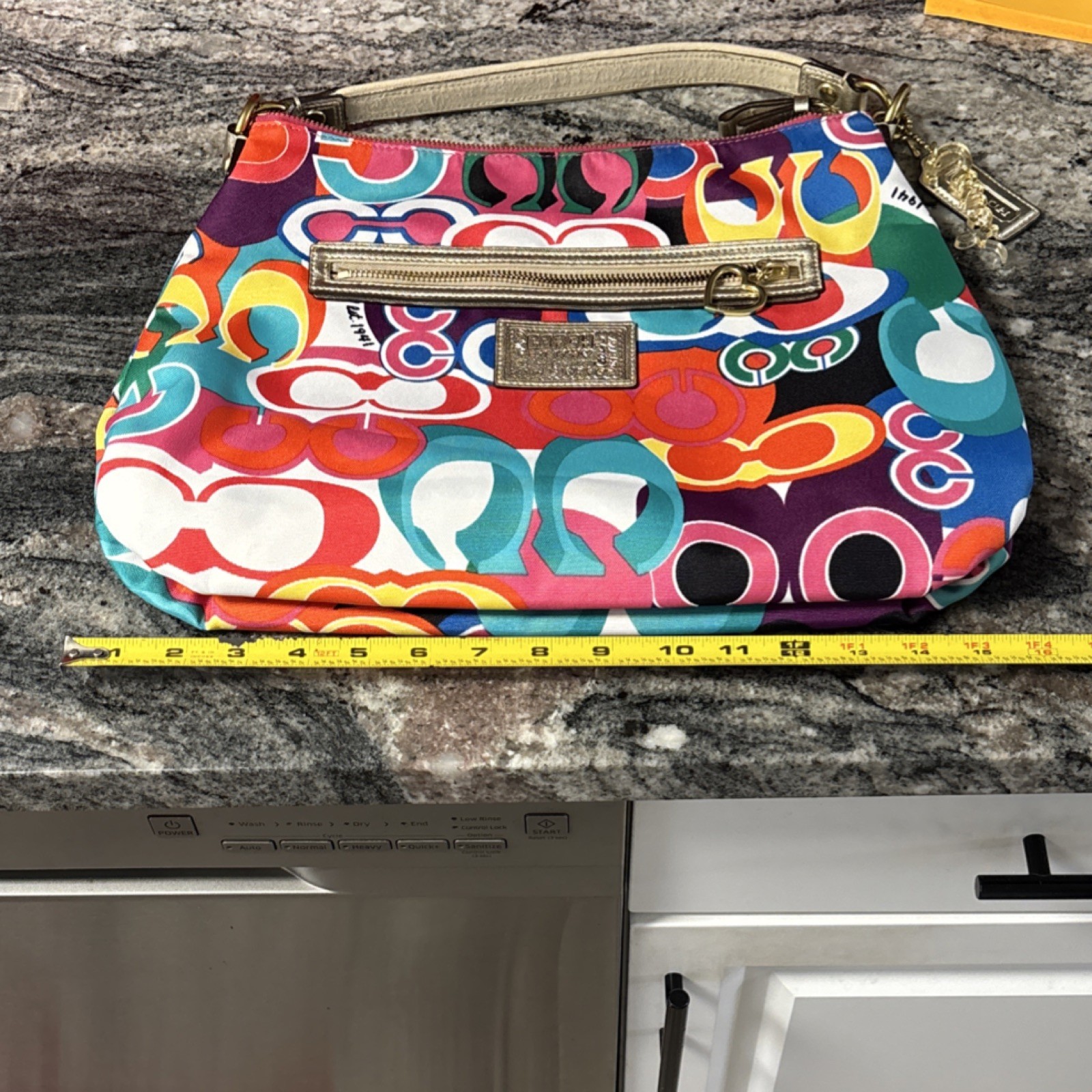 Coach Multicolor Logo Print Shoulder Bag Gold Hardware Metallic Trim Heart Charm