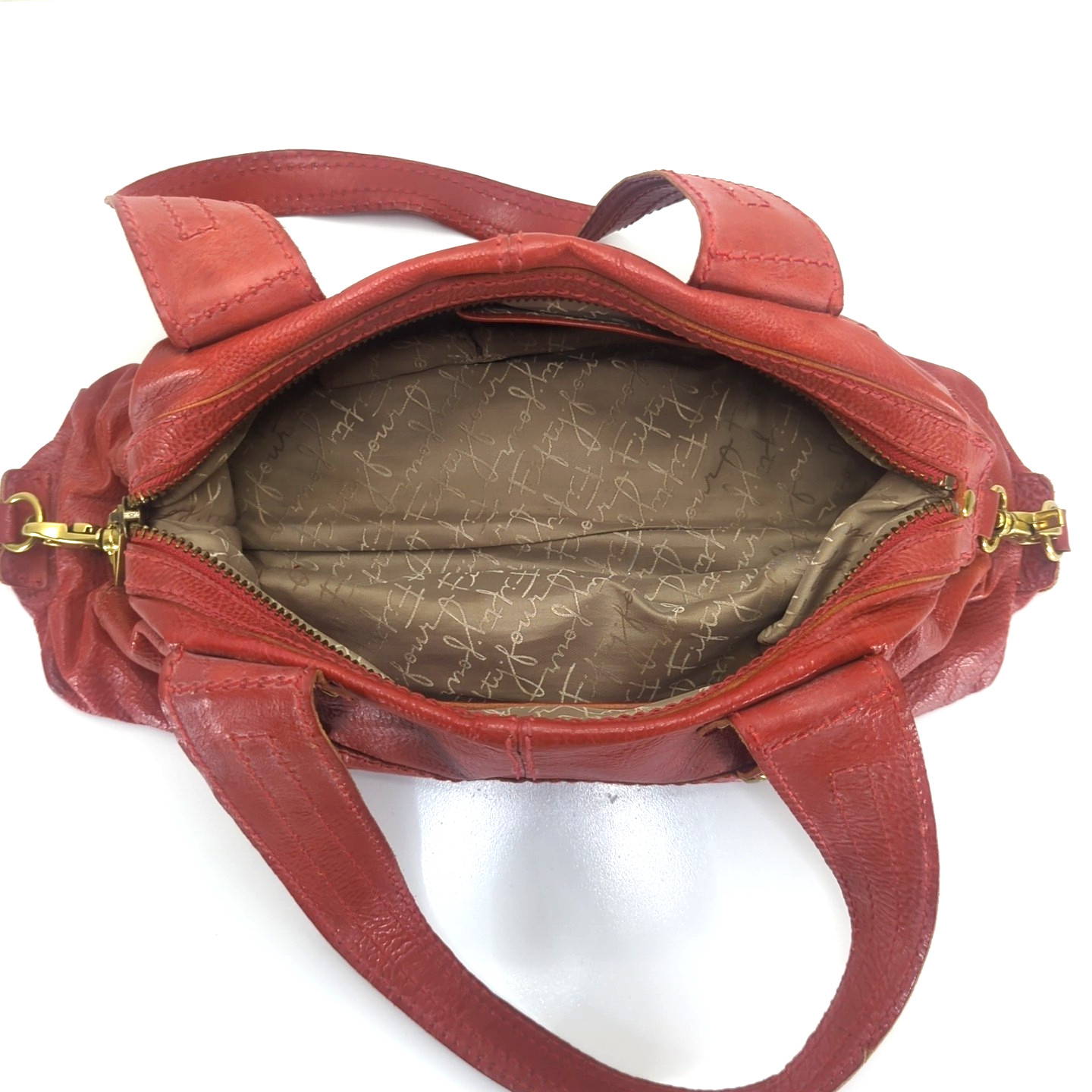 Fossil Fifty Four Handbag Double Handle Red/Tan Gold Tone Hardware 9″H Used