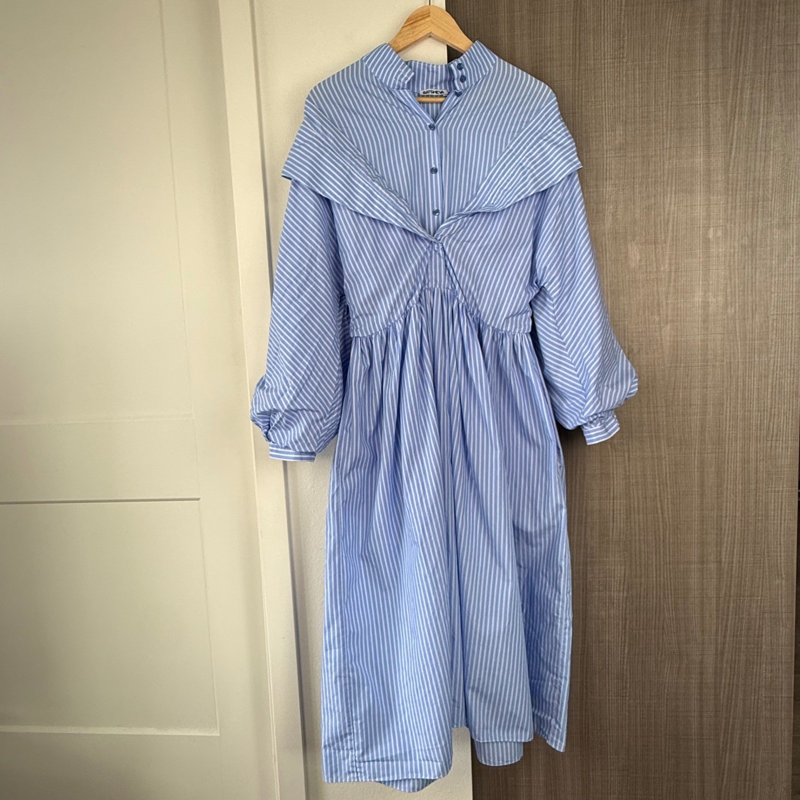 Batsheva Blue White Striped Sailor Collar Cotton Midi Dress Pockets Size Large