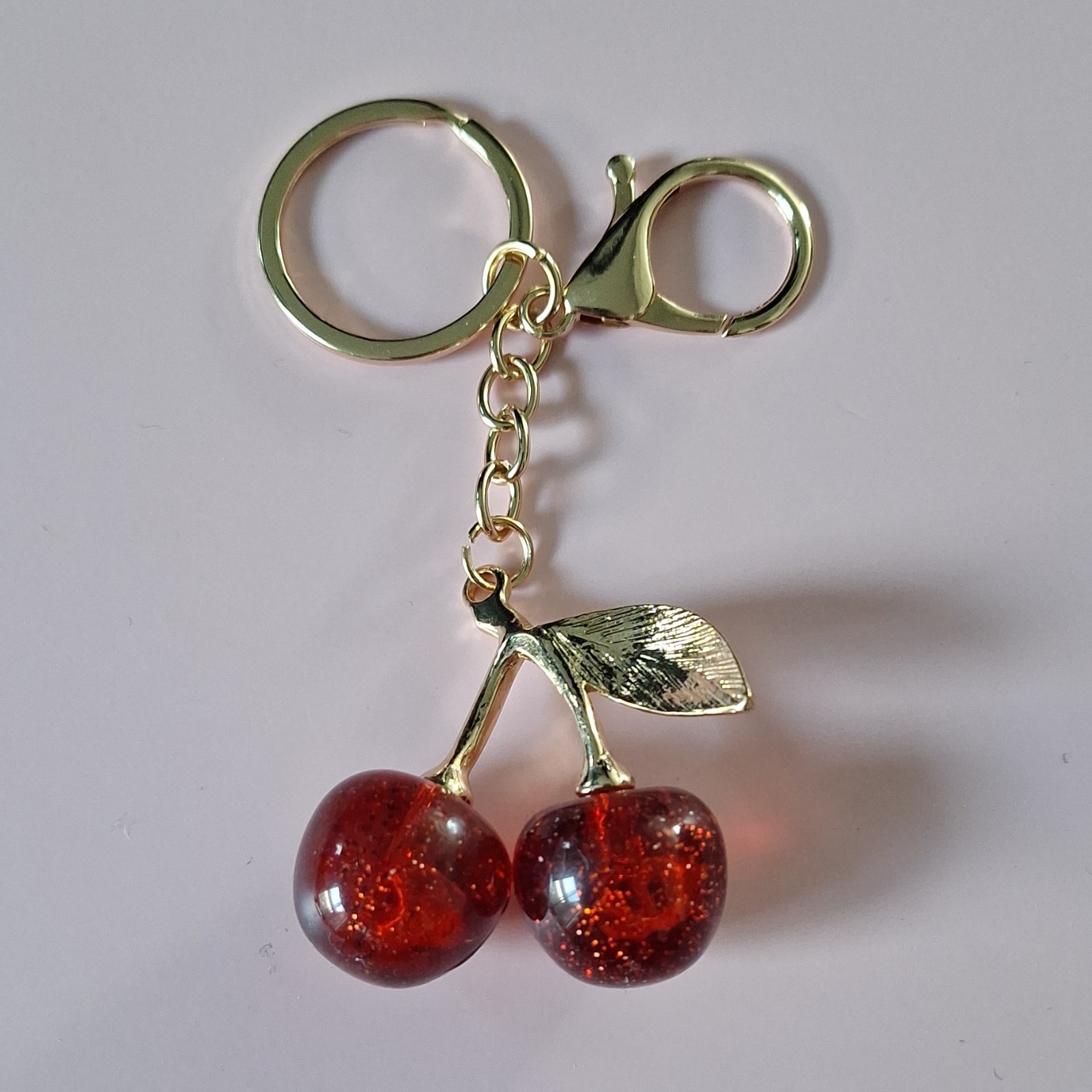 Cherry Fruit Charm Key Chain Red Gold Tone Metal Key Ring Lobster Clasp 3.5 in