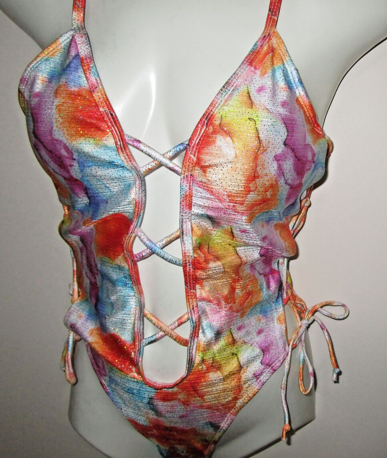 FICOATE~SMALL~Women’s Glittery Multi-Color Deep Plunge V-Neck One Piece Swimsuit