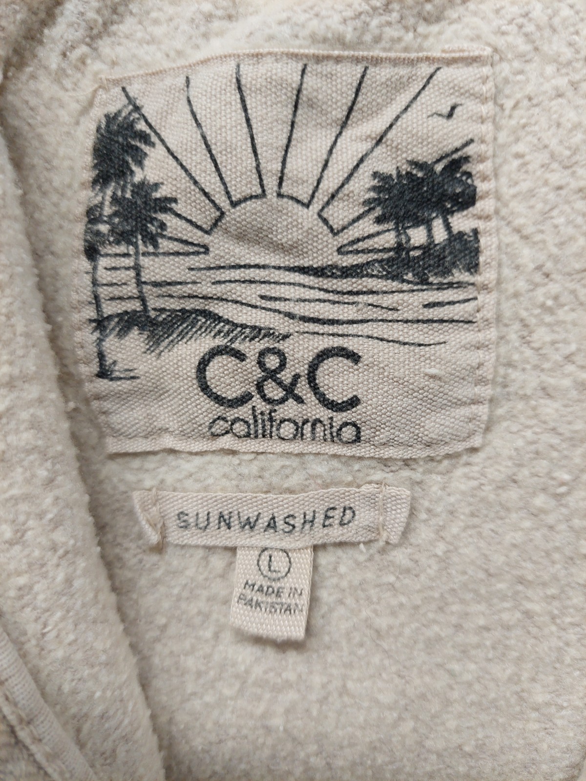 C&C California Women Sweatshirt L Beige Mock Neck 1/2 Zip Kangaroo Pocket Casual