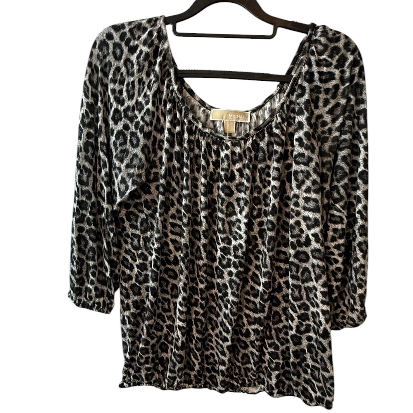 Michael Michael Kors Gray Leopard Print Scoop Neck 3/4 Sleeve Blouse Medium