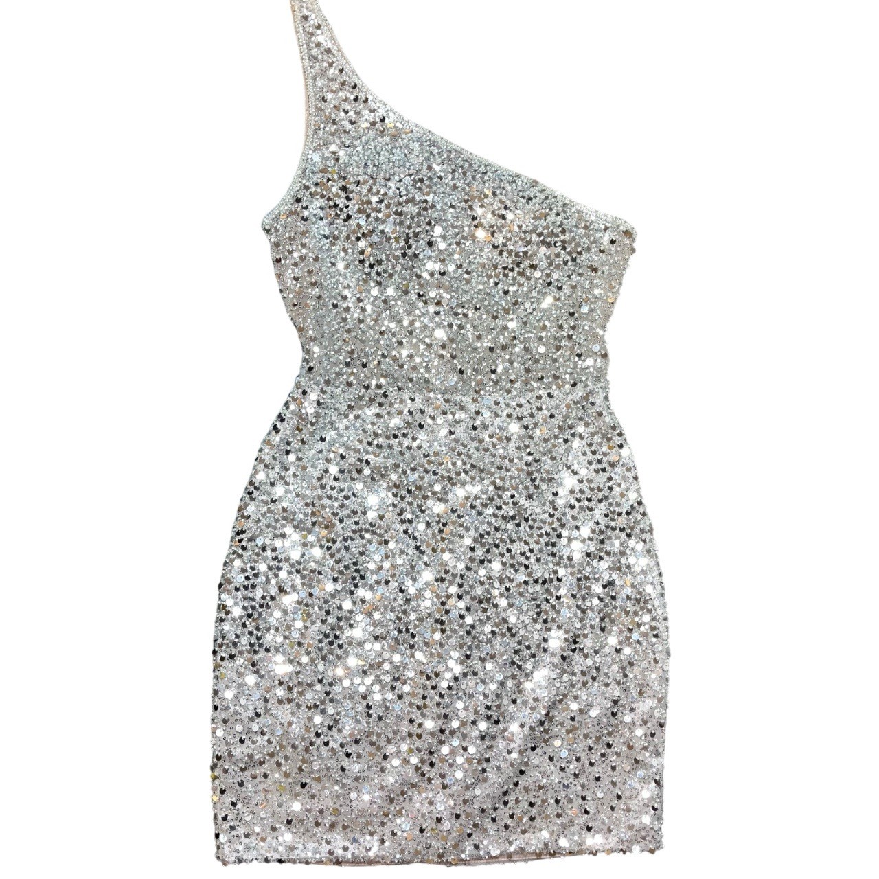 GB Party Hoco Prom Cocktail Dress Silver Asymmetrical Sequins Beads NWT 3 Short
