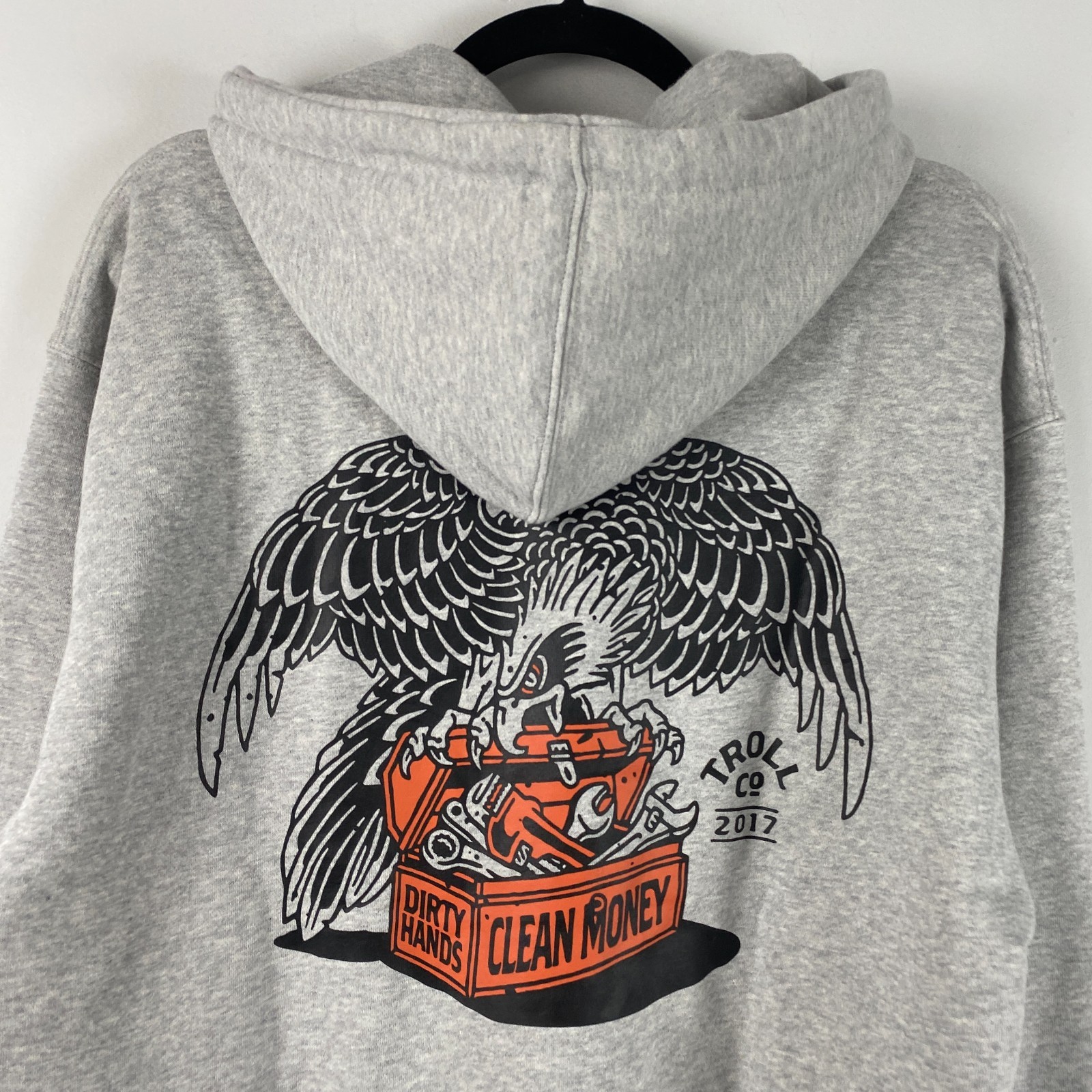 Troll Co. Eagle Eye Hoodie Mens Medium Gray Pullover Dirty Hands Clean Money