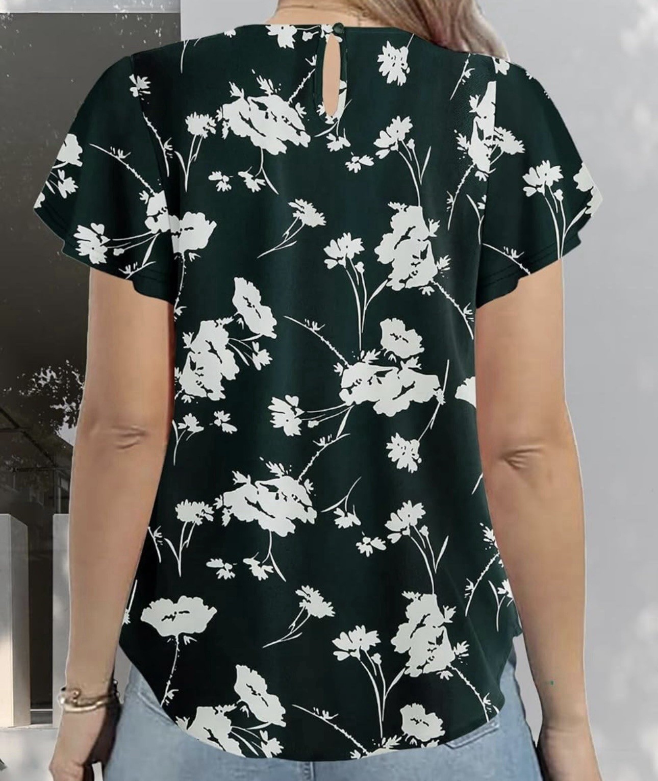 Women’s size medium flutter sleeve blouse dark emerald green white floral shirt