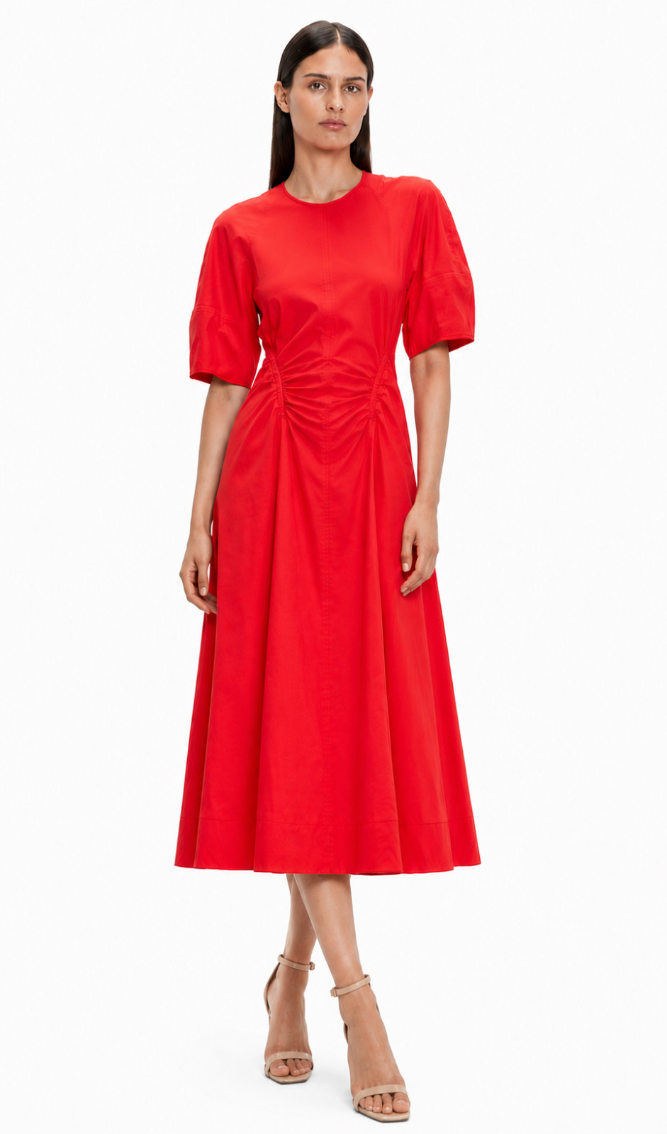 Veronika Maine Red Dress 12 Cotton Gathered Midi Short Sleeve Party Work Event