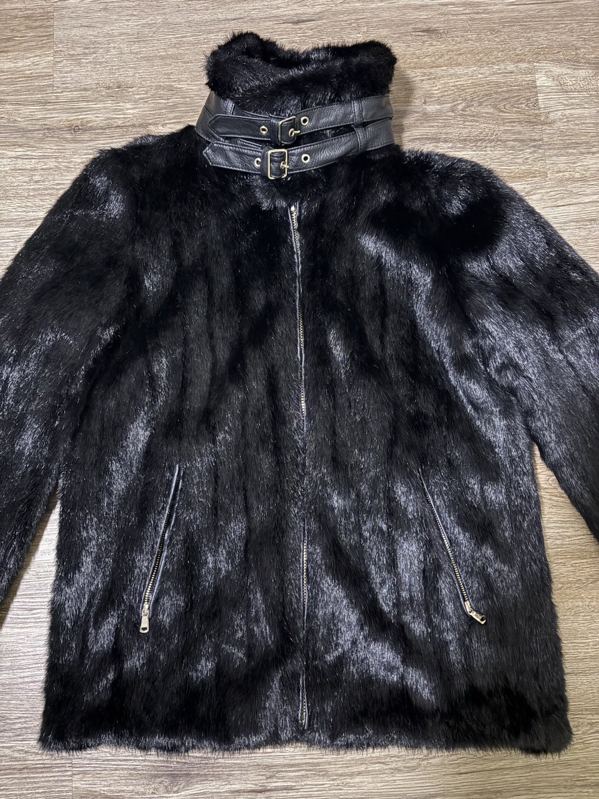 ZARA WOMAN Black Faux Fur Trim Buckle Collar Zip Jacket Mid-Length S