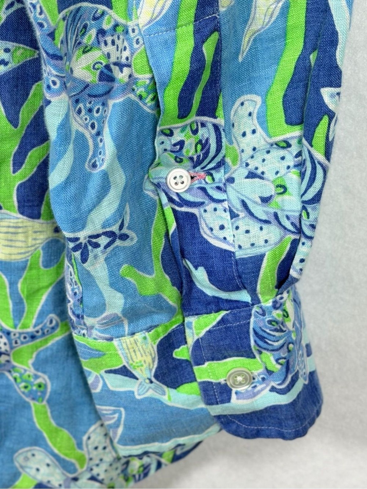 Lilly Pulitzer Men’s Stuff Wyeth 100% Linen Shirt L Sea Turtle Coral Blue Print