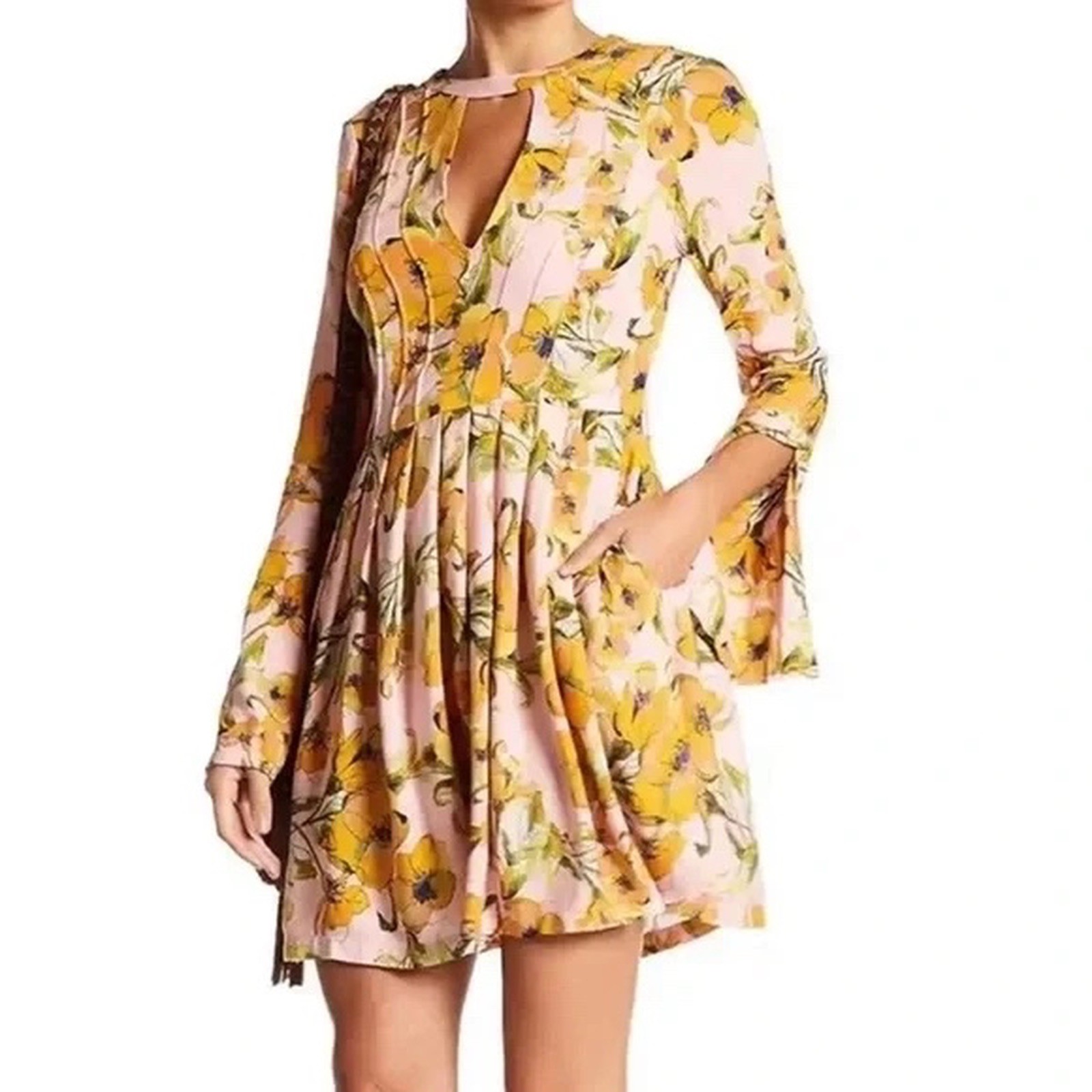 Free People Dress Tegan Floral Cutout V-Neck Pleated Long Sleeve Mini Skater