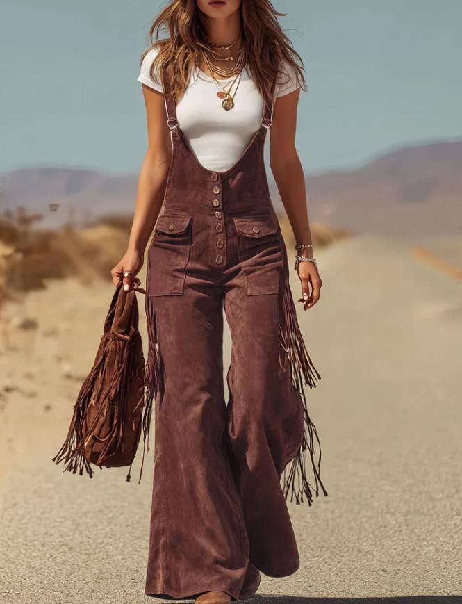 Women’s Western Suede Fringe Overalls Flare Leg Suspender Pants