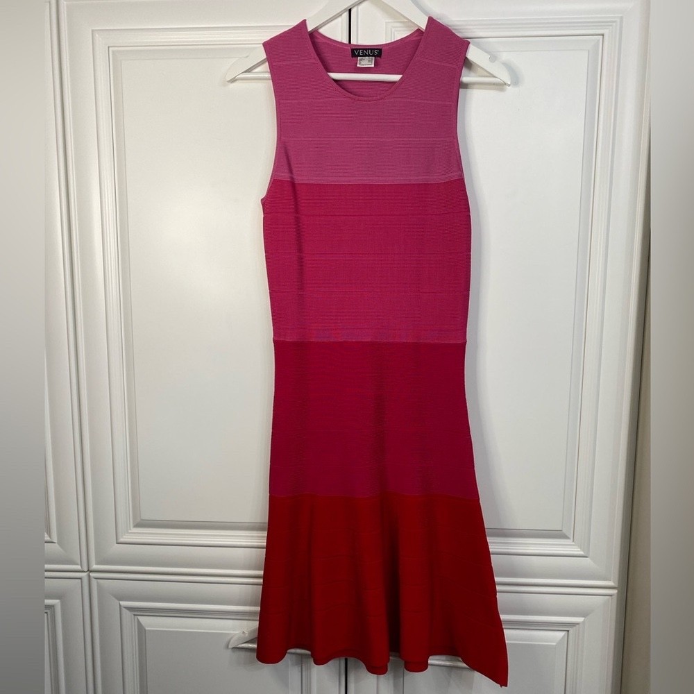 VENUS Pink Red Ombre Bandage Dress Vibrant Barbiecore Fit & Flare L