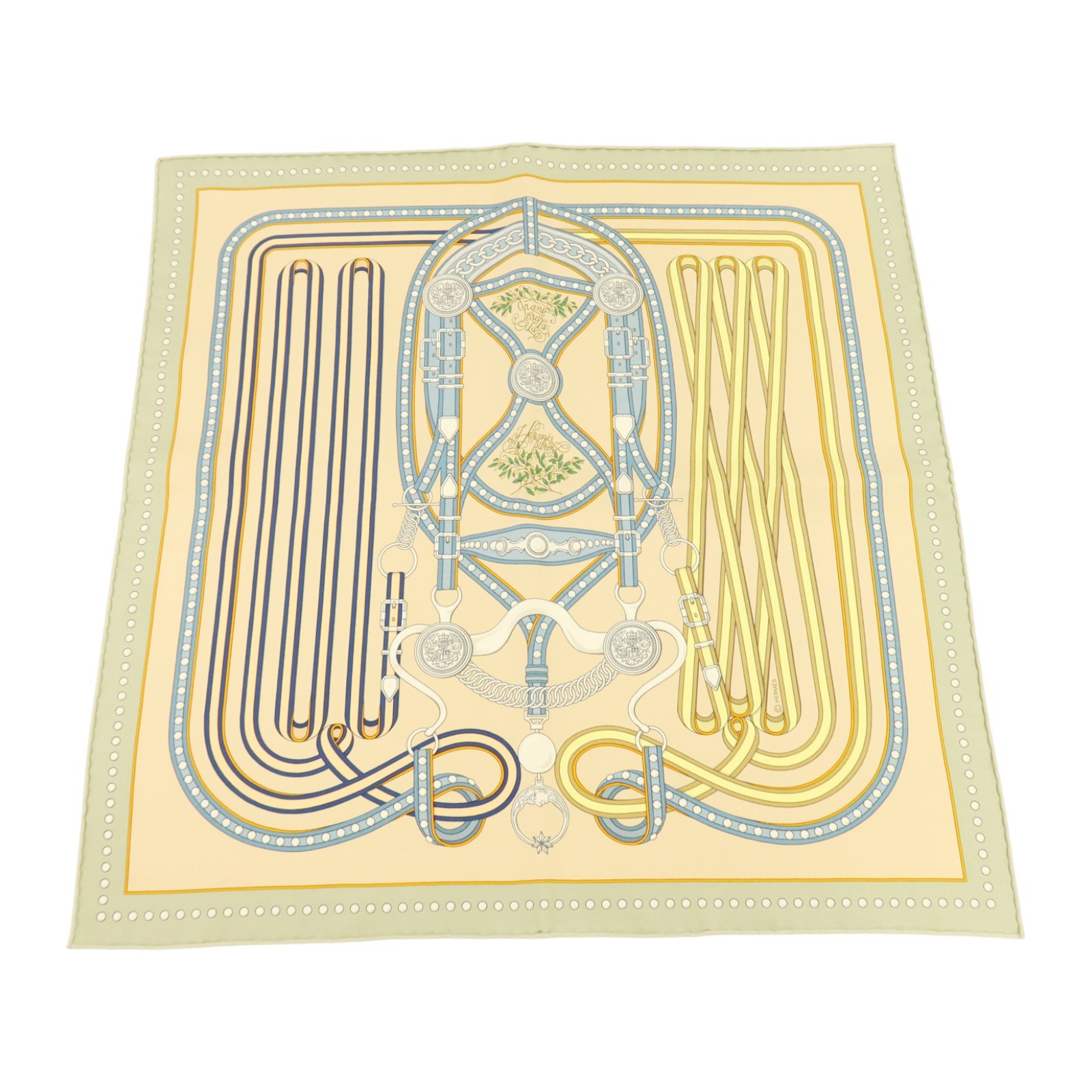 HERMES 42x42cm Scarf Scarves Silk Green/Beige/Blue/Multicolor
