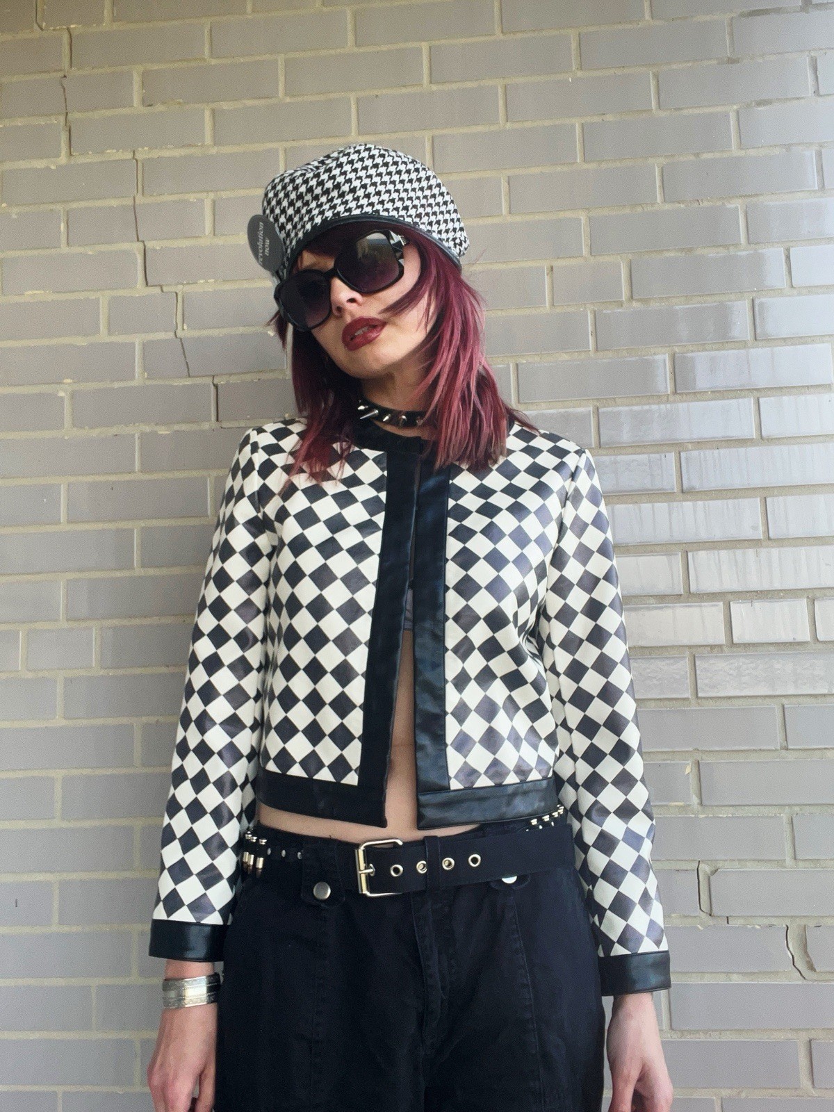 Gianni Bini Womens Juniors M Moto Black/White Check Open Front Lined Jacket