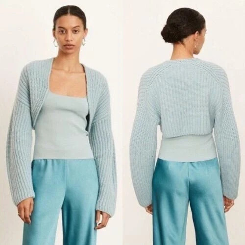 VINCE Lofty Rib Bolero Shrug Cardigan in Pale Blue Wool Cashmere Crop M/L – NWT