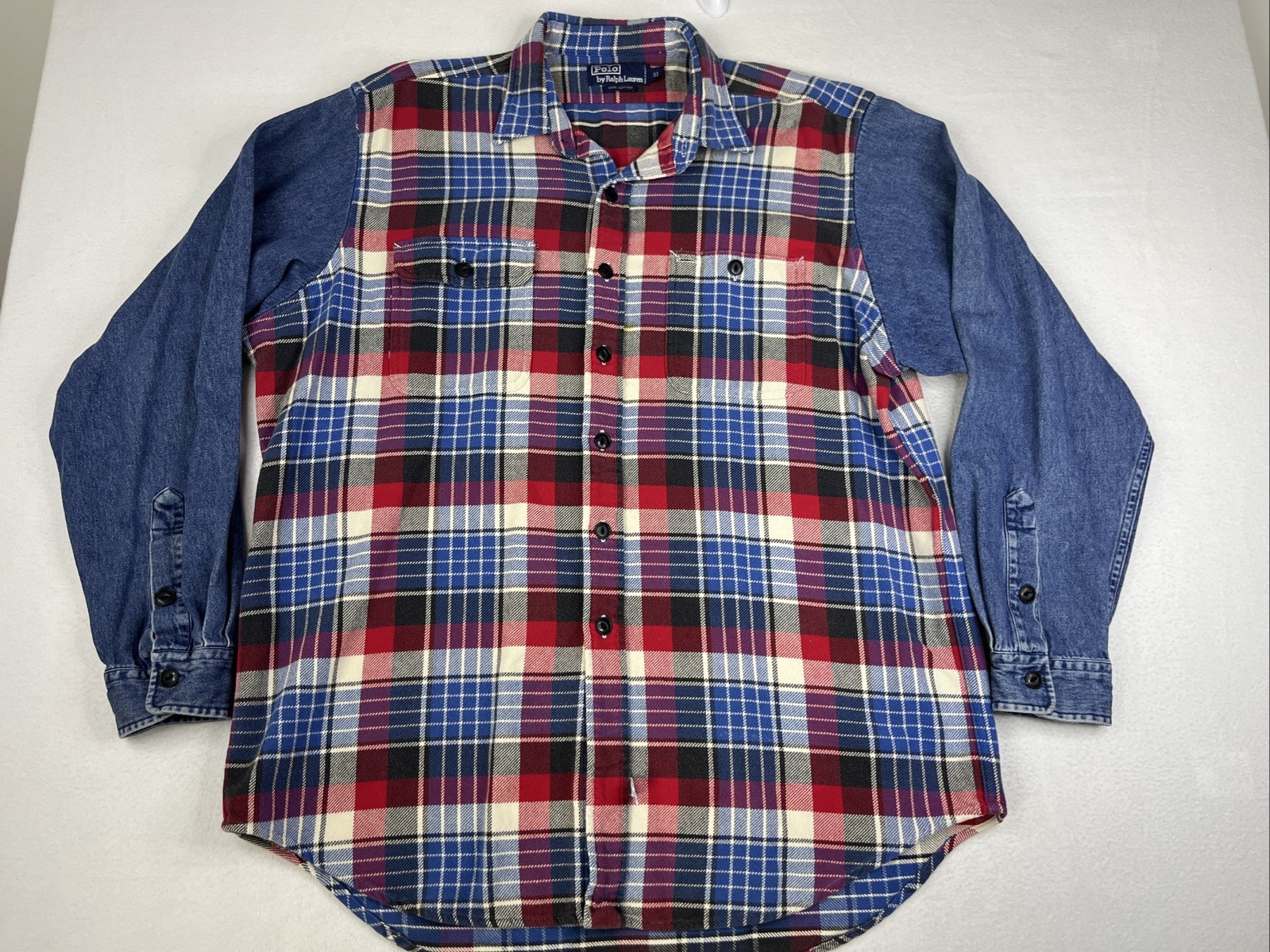 Vintage POLO RALPH LAUREN Denim Sleeves Plaid Button Front Shirt 90s XL