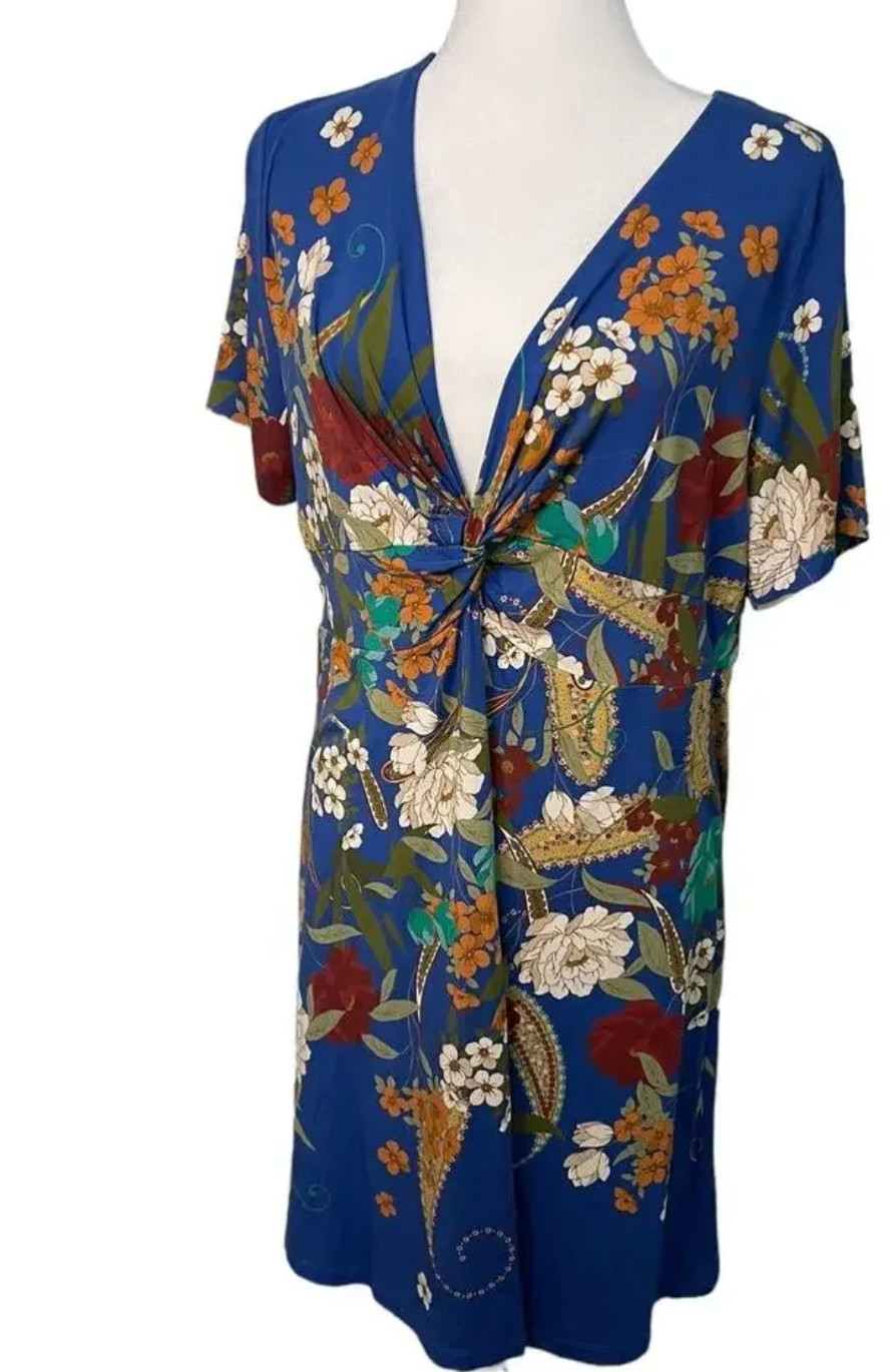 Johnny Was Knee Length BLUE Floral dress, Size Large. Excellent condition.