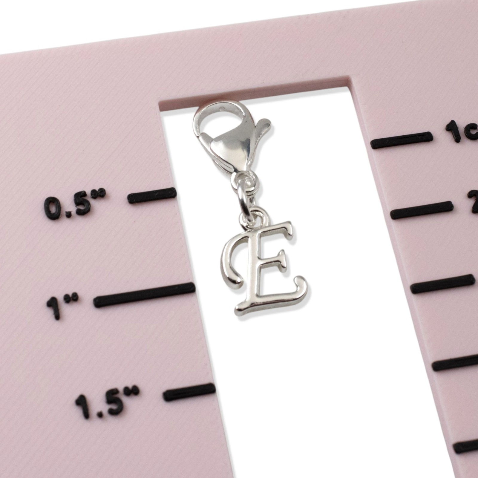 Silver Letter “E” Clip On Charm, Cursive Script Initial Dangle + Lobster Clasp