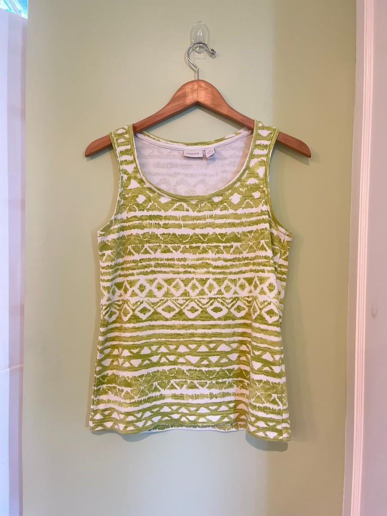 Chicos Tank Top Women Size 2 White and Lime Slinky Knit Stretch Round Neck