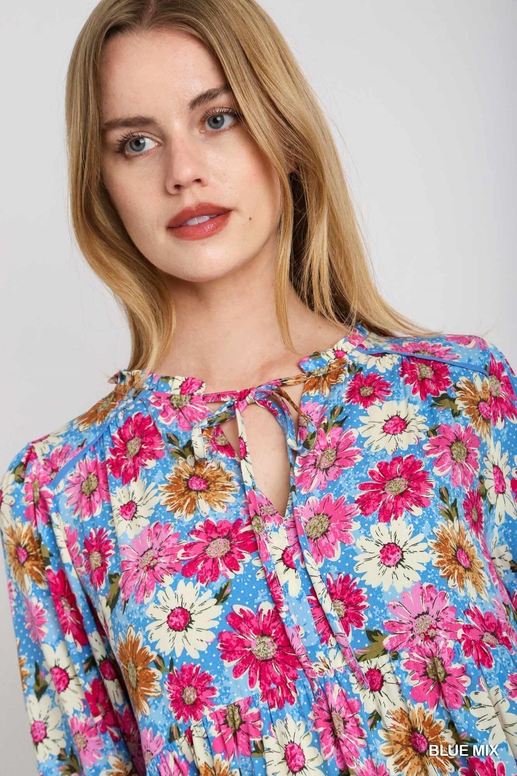 Umgee Blue Multi Flower Print Ruffle Tiered Dress V-Neck Ruffle Front Tie Front
