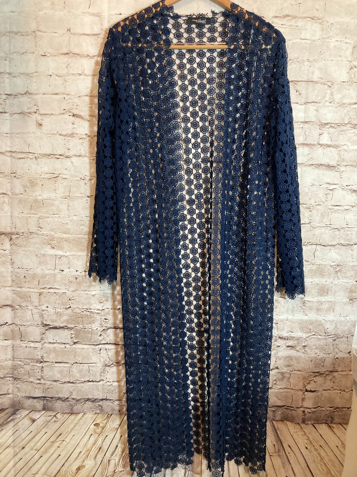 Young at Heart L.A. Top Women Small Navy All Over Crochet Long Length Open Front