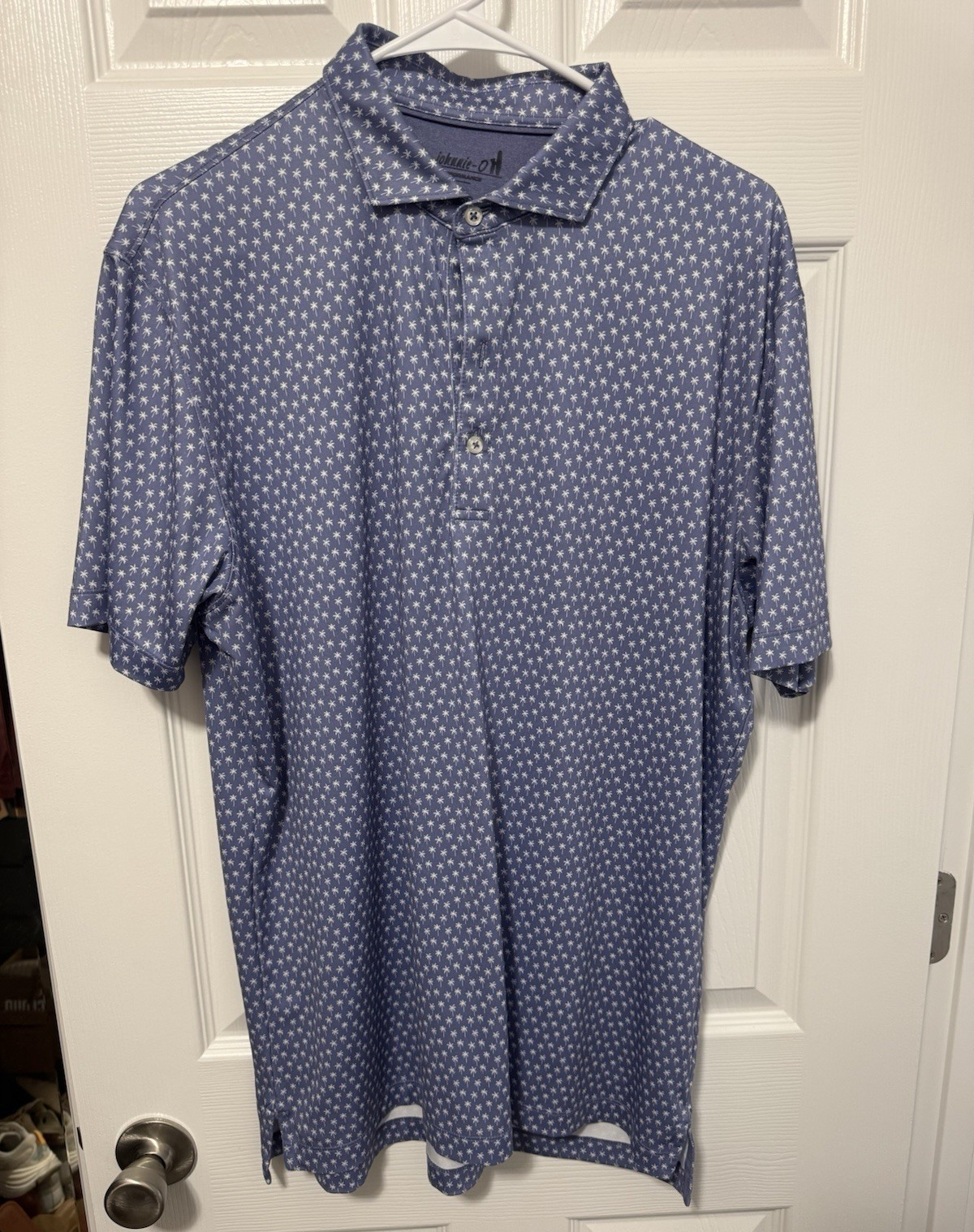johnnie-O Performance Men’s Polo Shirt M Blue Palm Tree Print Stretch Golf