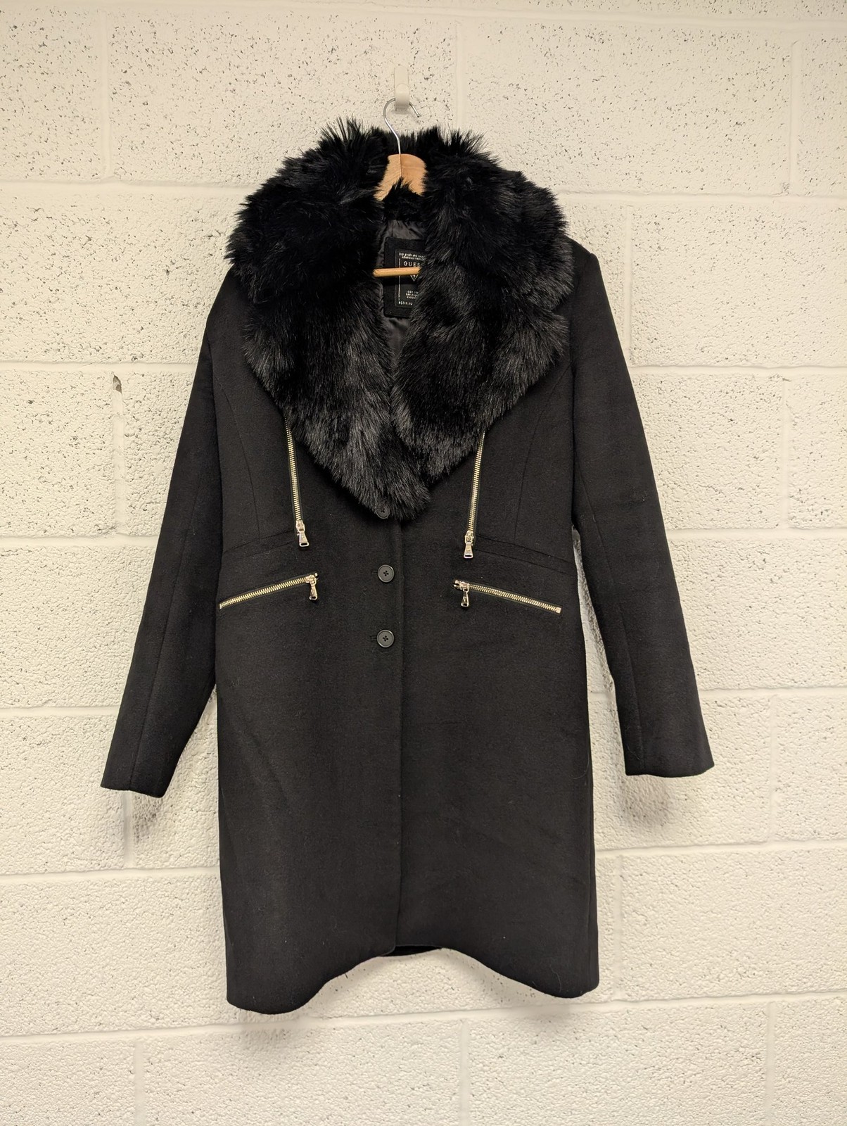 Guess Women’s Coat Size L UK 12 Black Faux Fur Trim Wool Blend