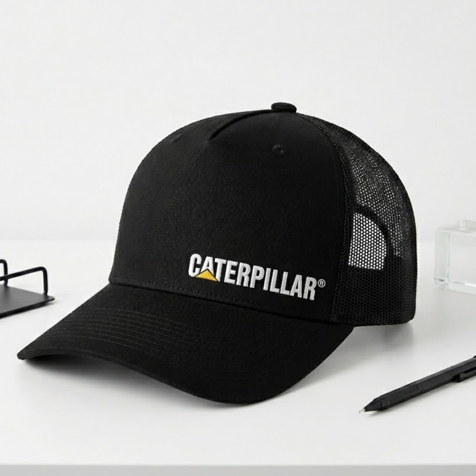 Caterpillar Trucker Hat Side Logo Embroidered Mesh Back Black Snapback Cap