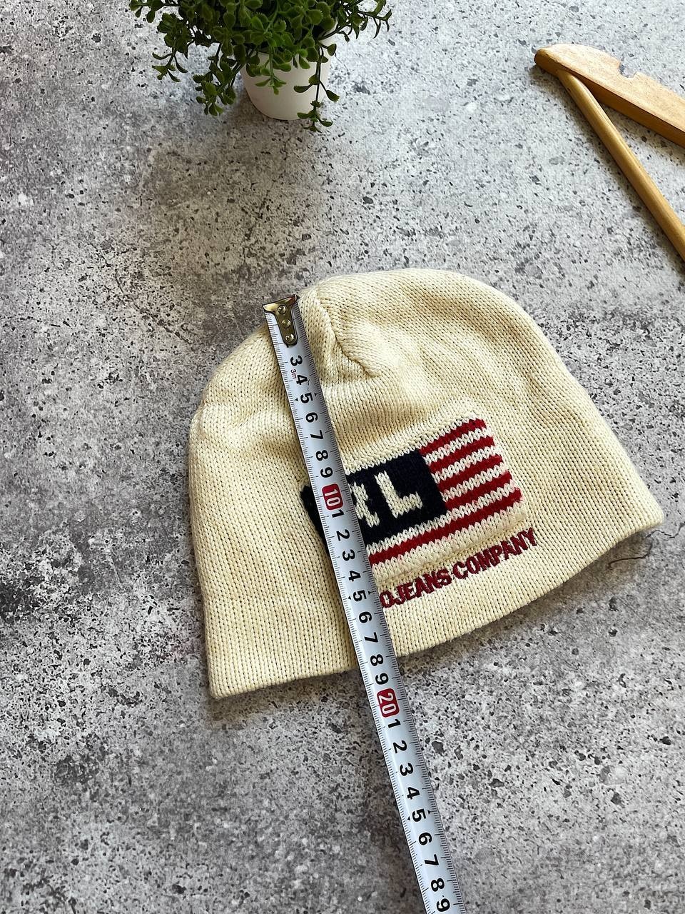Vintage Polo Jeans Company RL USA Flag Knit Beanie Hat Cream One Size