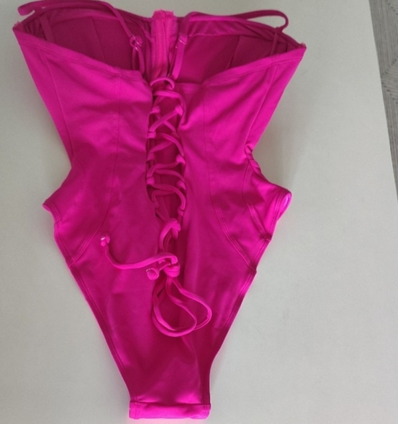 TA3 Pink Lace-Up Back Underwire Padded Mesh One-Piece Swimsuit L Short D/DD