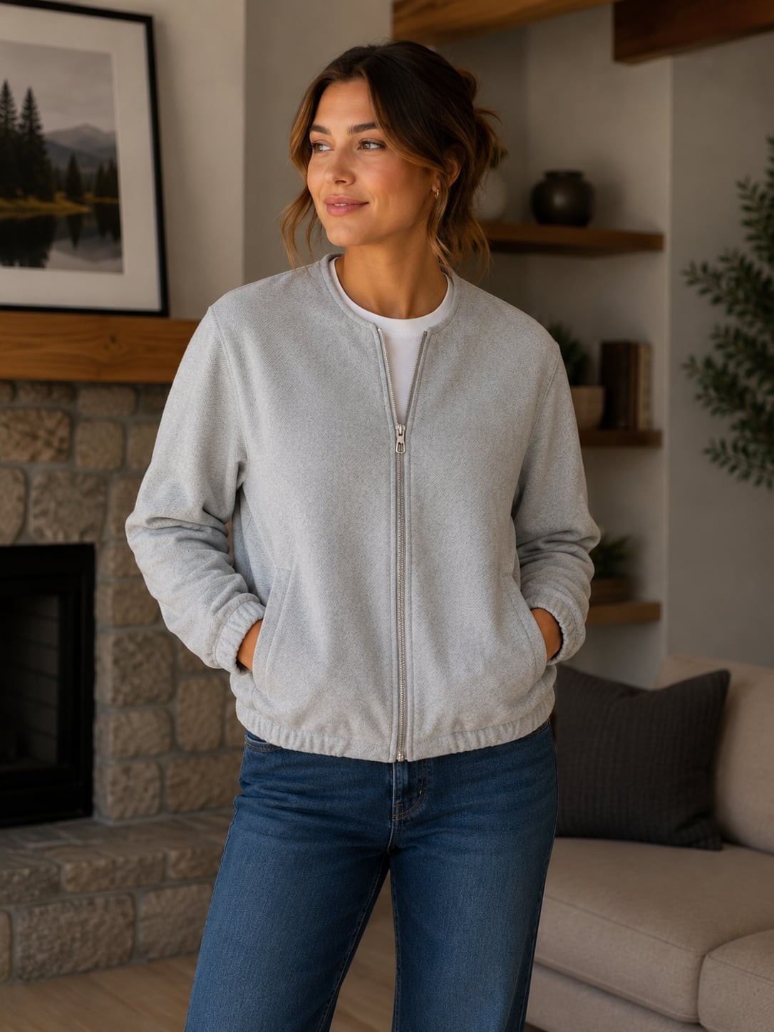 autres filles Grey Herringbone Bomber Jacket with Bubble Sleeves