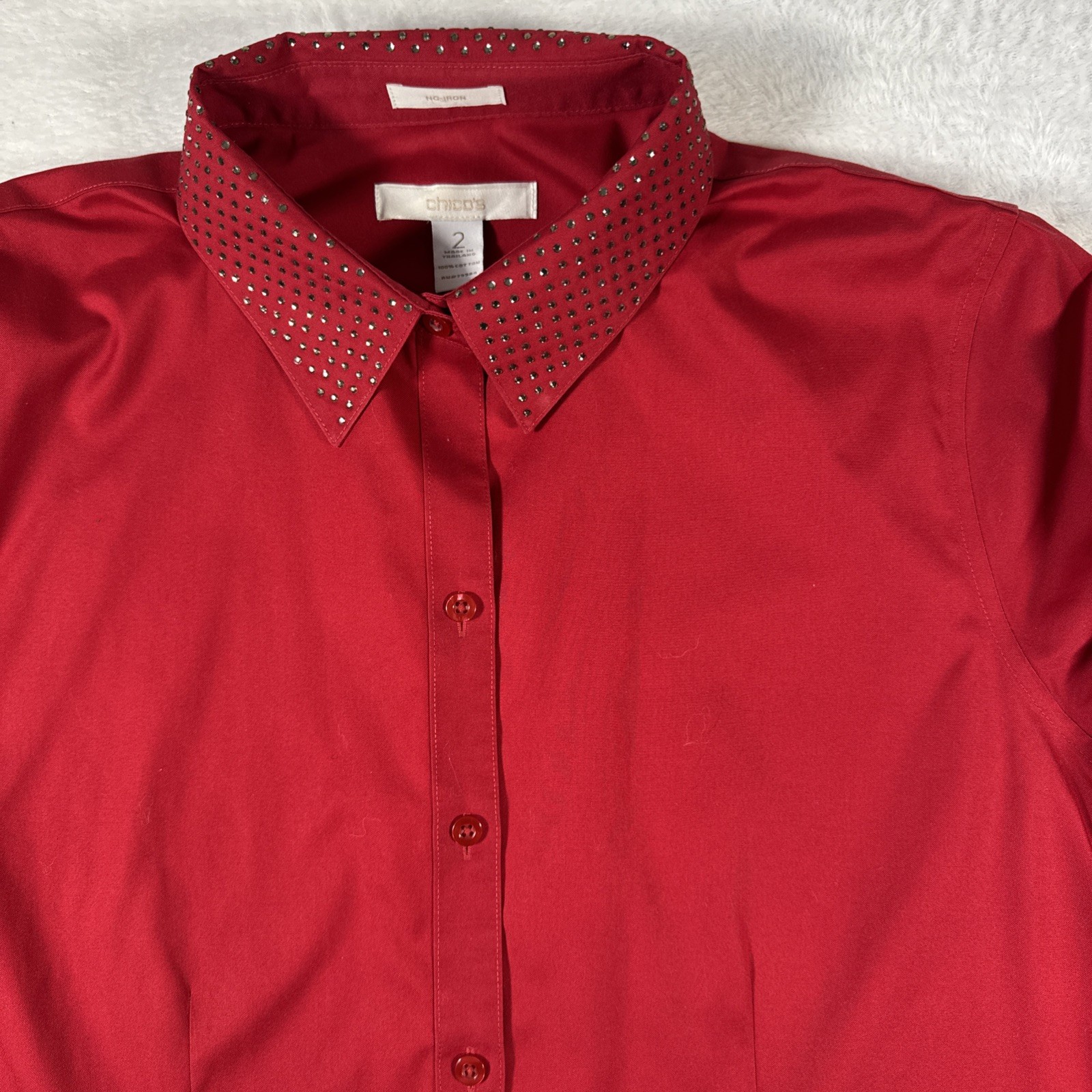 Chico’s Size 2/Large Solid Red Rhinestone Collar No-Iron Long Sleeve Button Down