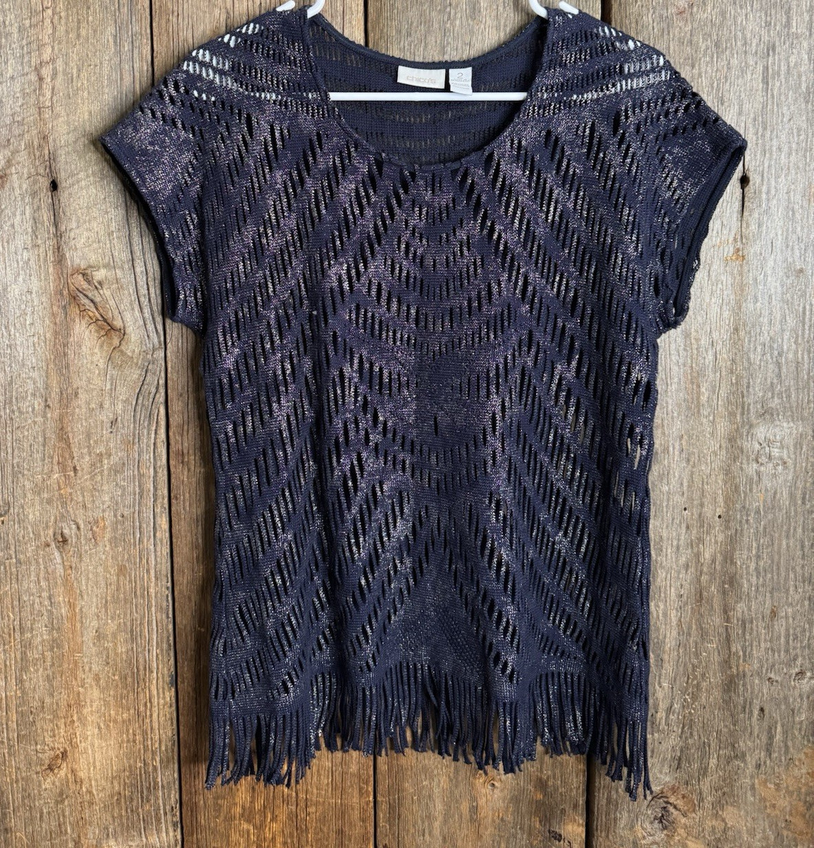 Chico’s Navy Chevron Cotton Knit Fringe Scoop Neck Pullover Top Short Sleeve 2
