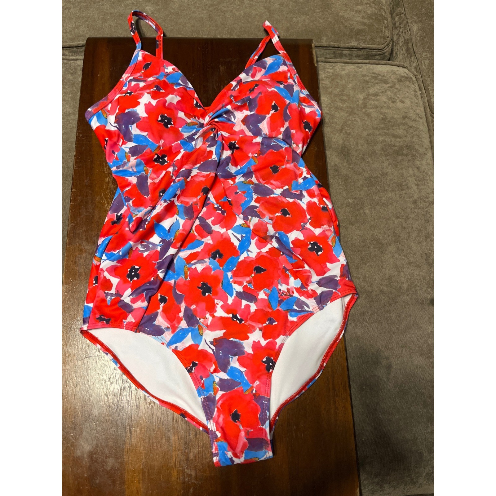 Grace Karin Womens Floral One Piece Swimsuit Red Blue Poppy Twist Front Size M