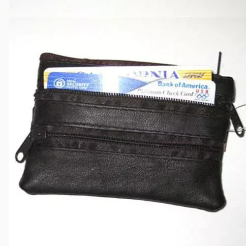 Black Genuine Leather Small Coin Holder Change Purse Zipper Key Card Wallet