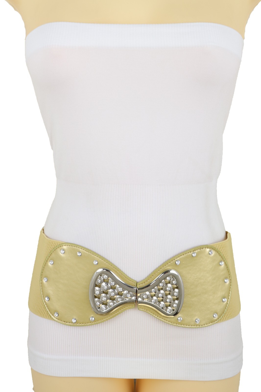 Women Apparel Belt Gold Wide Elastic Silver Metal Bow Tie Ribbon Buckle Size S M