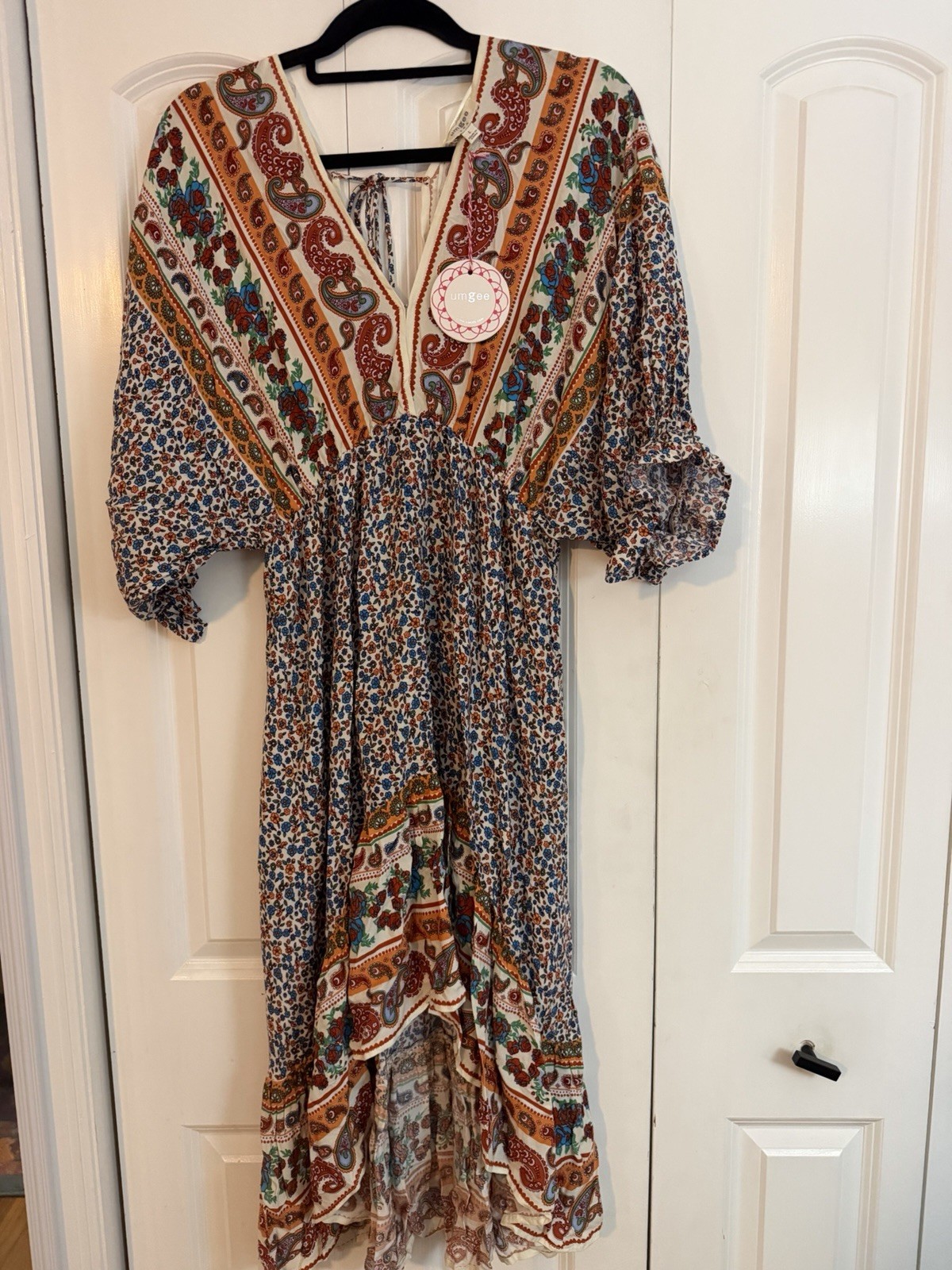 Umgee Floral Boho Midi Dress L 3/4 Sleeve V-Neck Tie Ruffle Multicolor NWT