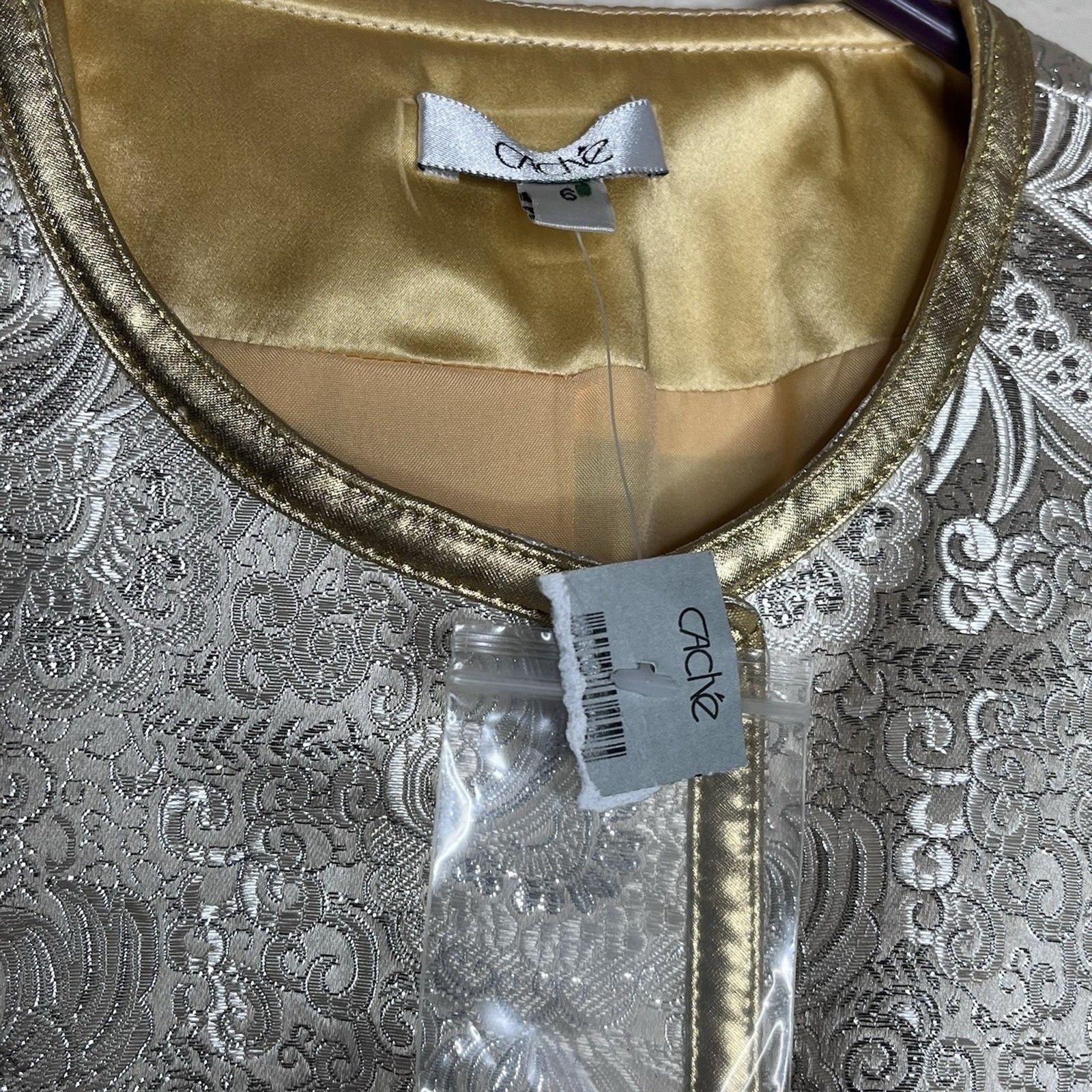 Cache Gold Silver Metallic Paisley Lined Rhinestone Button Jacket Women’s Size 6