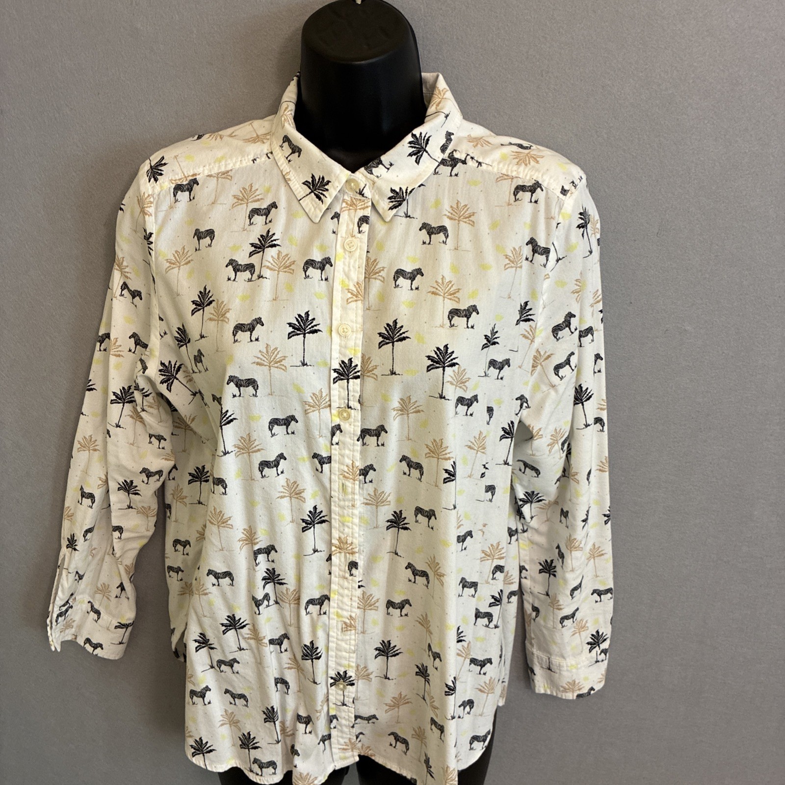 LOFT Safari Zebra Print Button Front Long Sleeve Collared Blouse Large Petite