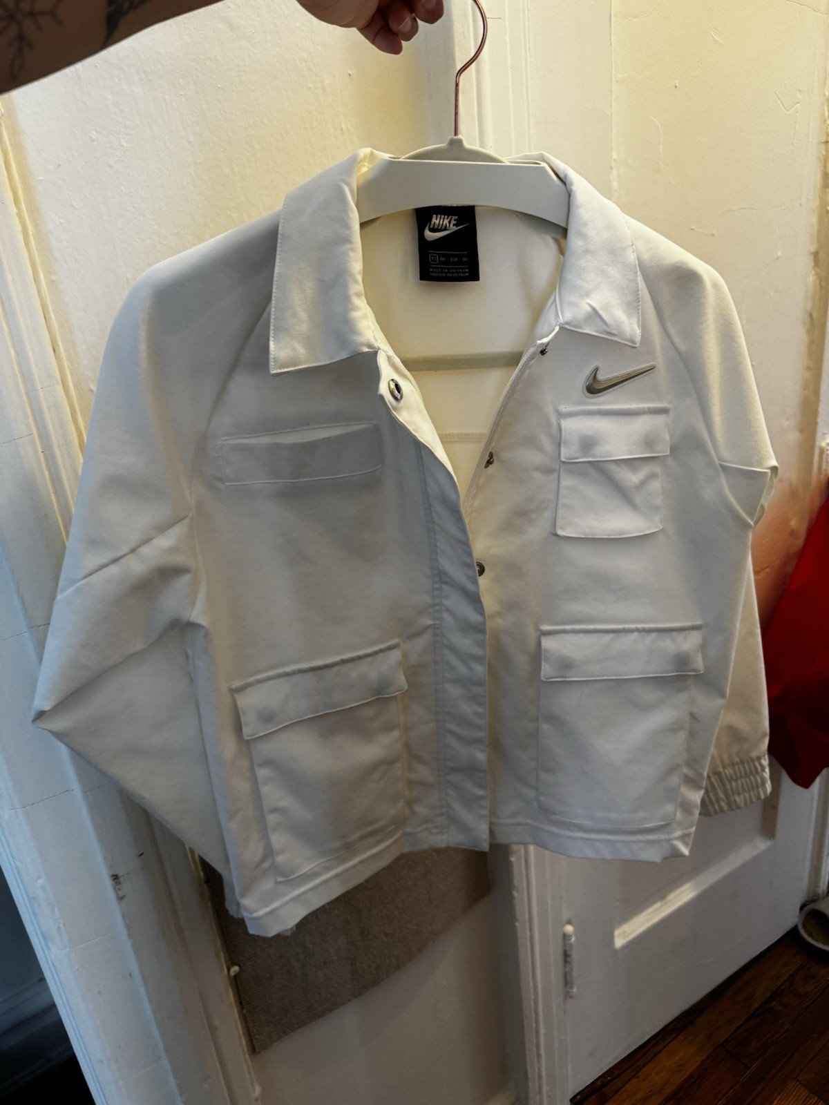 Nike Womens Juniors XS White Short Cotton Button Jacket Pockets Logo