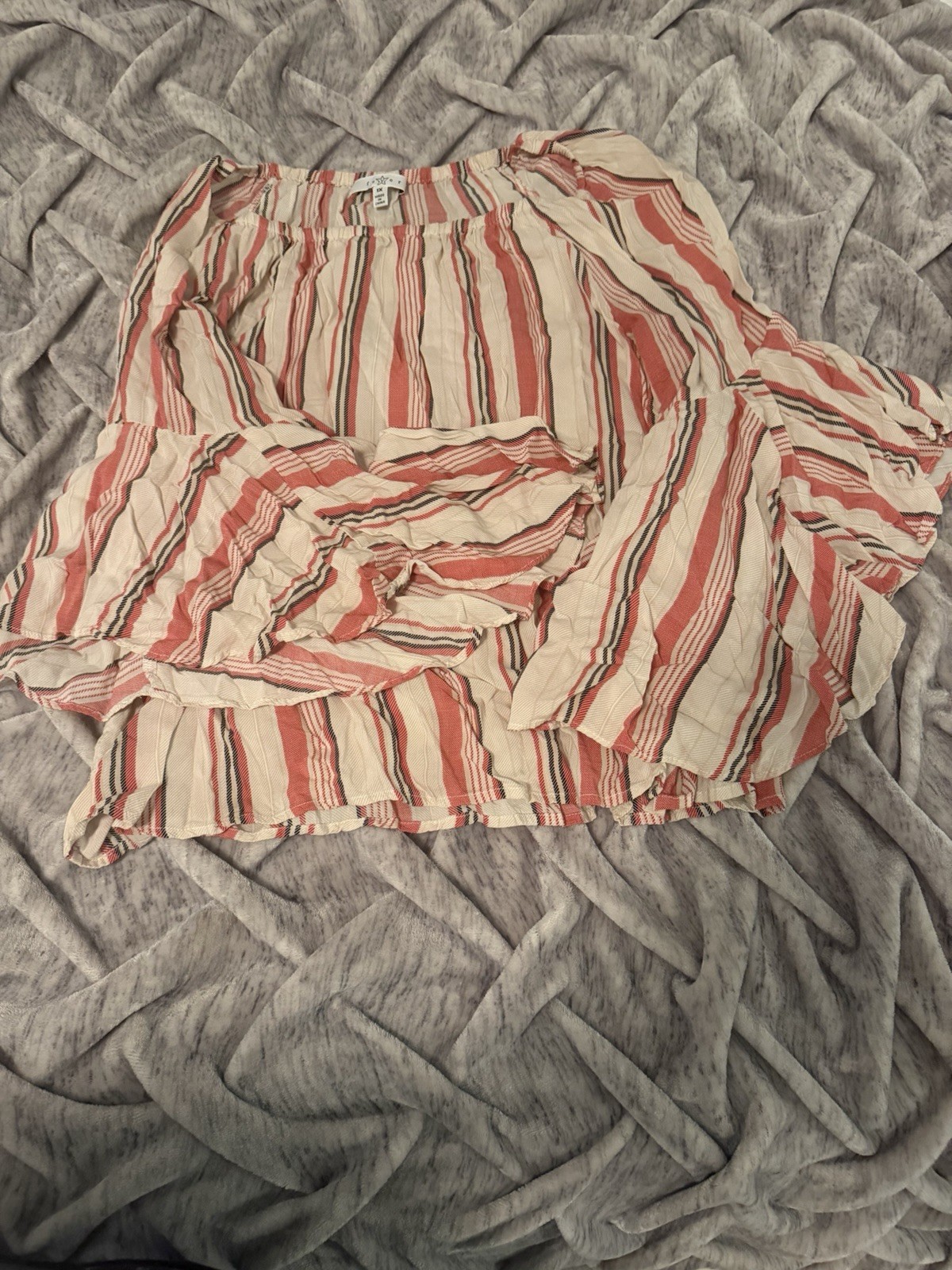 Fever Women’s Pink/White/Black Striped Scoop Neck Ruffle Sleeve Blouse 1X